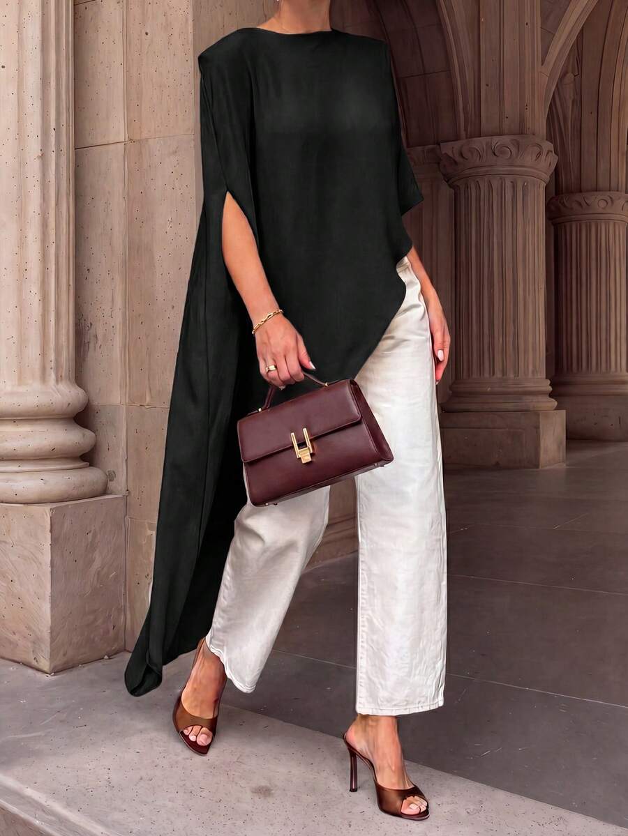 Women's Solid Color Asymmetric Sleeveless Cape Top, Suitable For Office And Brunch Occasions
