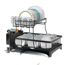 Giá phơi bát đĩa 2 tầng để bàn nhà bếp, giá để bát đĩa dung tích lớn có thể tháo rời, kèm giá đựng dao kéo và khay hứng nước, màu đen, dụng cụ sắp xếp nhà bếp. - Nhiều màu - Xem 7