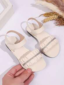 1 Pair Girls' Elegant Rhinestone Pleated PU Strap Hook And Loop Flat Sandals, Princess Style For Outing, Beach, Vacation, Suitable For Summer (Select Size Based On Foot Length Chart) - Beige - View 4