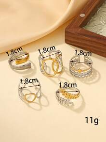 Bộ 5 chiếc nhẫn thép không gỉ phối vàng và bạc, kiểu dáng hình tia nắng, hình bông lúa mì, hình tròn, có thể điều chỉnh độ dài, thích hợp làm đồ trang sức hàng ngày hoặc quà tặng cho nữ. - Dần dần vàng - Xem 4