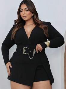 Plus Size Long-Sleeved Jumpsuit With Belt - Winter 2026. - Black - View 3