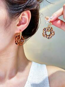 6-12pcs Vintage Leopard Print & Hollow Flower Design Earrings, Printed Resin Flower Gold Hoop Earrings, Suitable For Women's Daily Wear, Travel & Holiday - Multicolor - View 3