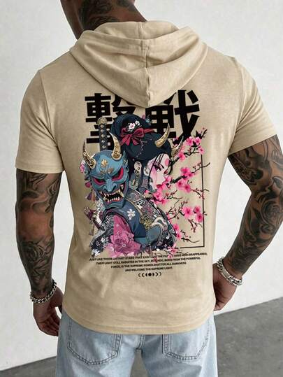 Summer Retro Outfit Short Sleeve Printed Hoodie, Japanese Ukiyo-E Samurai Mask Print Lightweight Hooded Short Sleeve T-Shirt