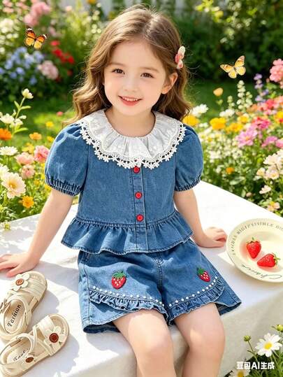 2pcs/Set Girls' Denim Outfit - Lace Collar Puff Sleeve Ruffle Blouse + Strawberry Embroidery Pearl Trim Shorts, Vintage Casual Style, Soft Breathable Denim Fabric, Adorable & Age-Reducing, Suitable For Daily Outing/Birthday Party, 2026 Summer New Kids Wear