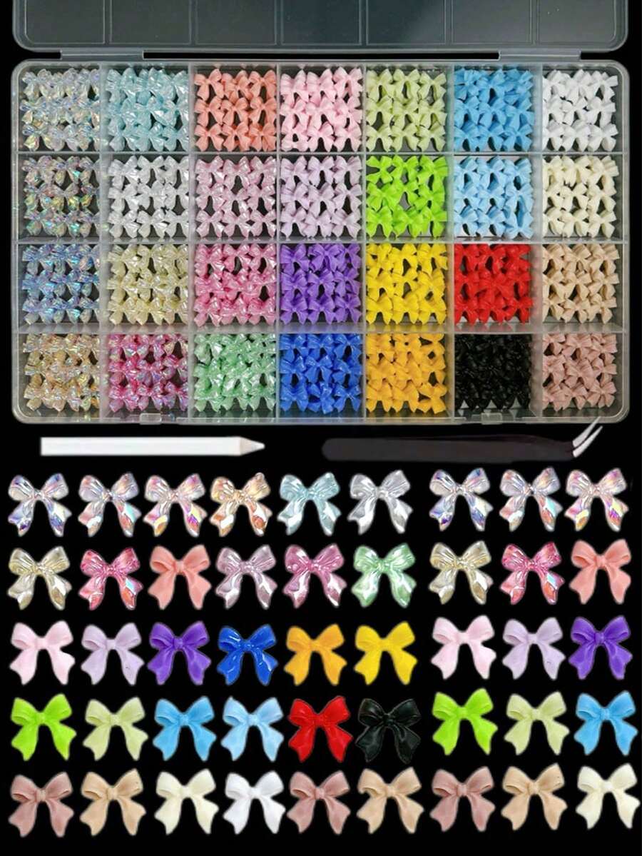 1 Box Random Mixed ABS Bow Nail Art Decorations, 3D Stereoscopic Design, 28 Color Options Including Solid Color Bows And Colorful Bows, Multifunctional, Suitable For Nail Art DIY - Multicolor - View 1