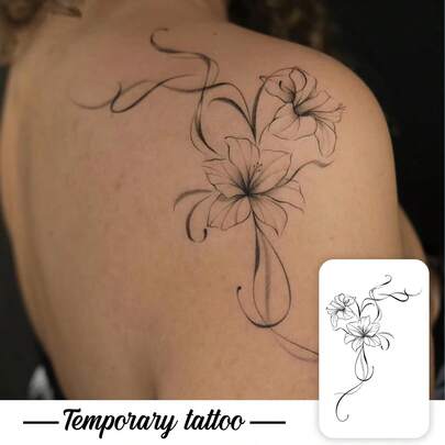 One Black And Gray Floral Temporary Temporary Tattoo Sticker. A Delicate Floral Design For The Shoulder And Back; Waterproof And Sweatproof, Washable, And Non-Reflective. Suitable For Fashion-Conscious Individuals; Lasts 3-5 Days.