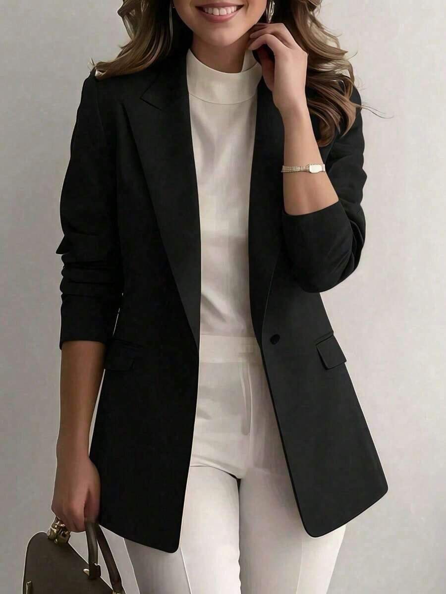 Chaqueta de blazer de unicolor con solapa para mujer, de manga larga con botones y bolsillos, adecuada para otoño, invierno y primavera.Chaqueta de oficina de manga larga, prenda exterior versátil para negocios y hogar, apta para otoño, invierno y primavera - Negro - Ver 1