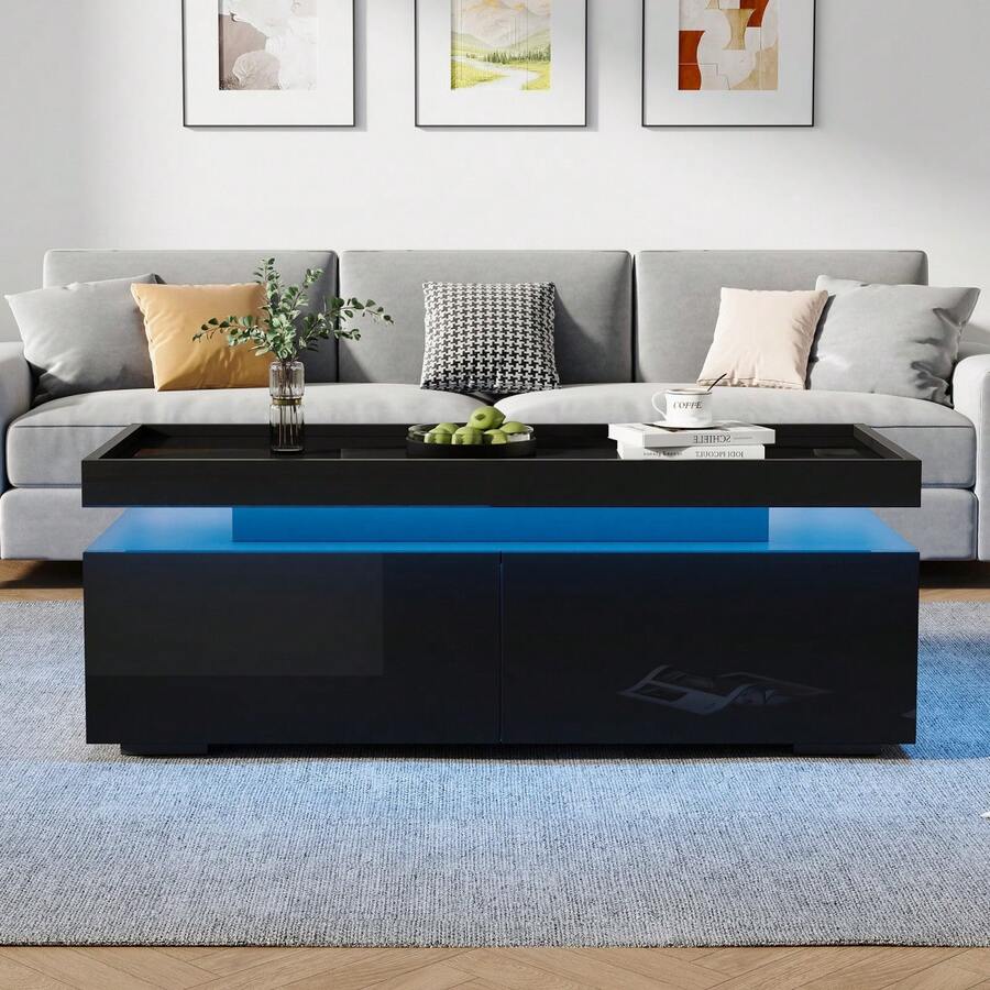 95*45*35cm Coffee Table / Modern Minimalist Table / Coffee Table With 2 Drawers / High-Gloss Sofa Table / Load Capacity 50 Kg / Suitable For Living Rooms, Offices And Apartments - Black - View 1