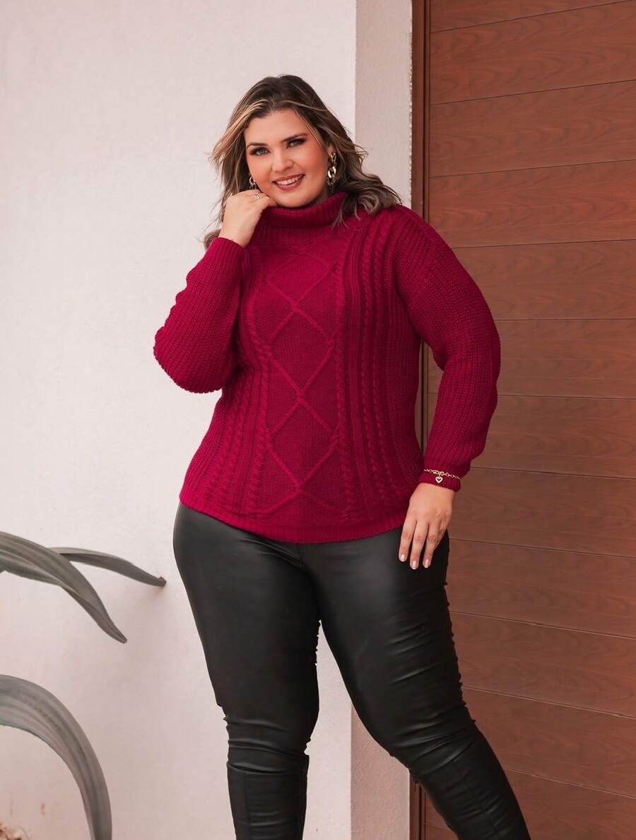 Plus Size Winter Knit Blouse With High Neck - Size GG - Burgundy Red - View 1