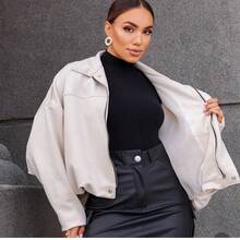 Women's Bomber Jacket, Winter Coat, Long Sleeve Batwing Jacket In Suede Fabric - Blanco - Ver 2