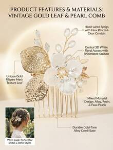 Gold Hollow Out Leaf & Pearl Flower Hair Comb, Elegant Rhinestone Bridal Headpiece For Wedding & Party Vintage Gold Filigree Leaf & 3D Flower Hair Clip, Boho Crystal Wedding Hair Accessory For Bride,Festival,Birthday - Gold - View 4