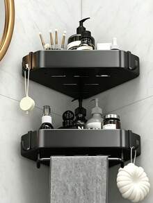 2 piezas Estantería de esquina para baño - Sin taladro, estante de pared con ganchos y barra para toallas; muy ahorradora de espacio, diseñada para organizar artículos de baño para bebés, artículos de tocador y artículos esenciales para niños. - Multicolor - Ver 5