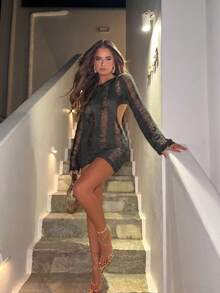 Rochie tricotată Senya verde, cu spate la vedere și legătură în față, elegantă și sexy, neagră - Negru - Vizualizare 3