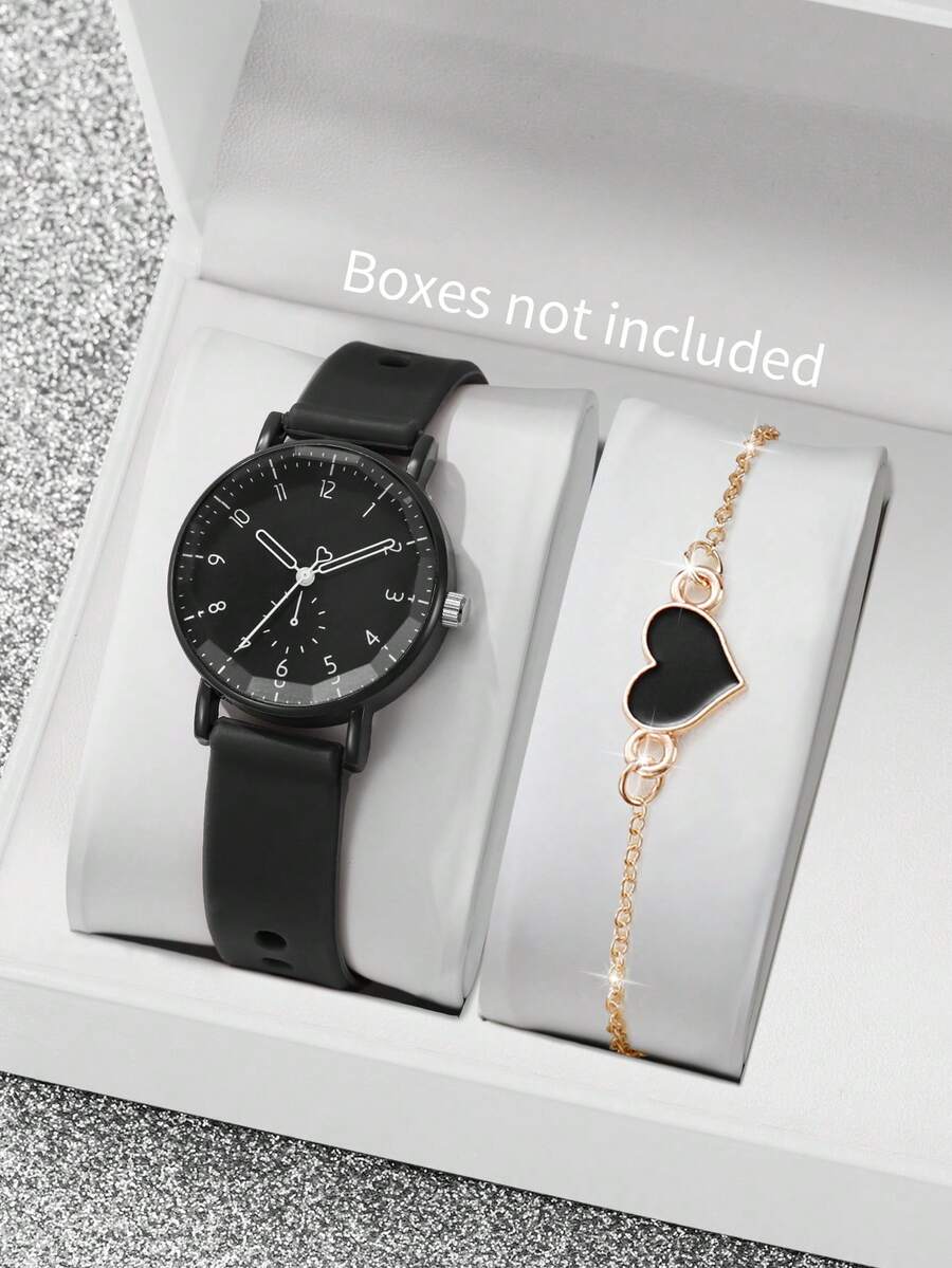2pcs/Set Jam Tangan Silikon Wanita dengan Dial Angka Elegan, Jam Tangan Quartz + Gelang Berbentuk Hati (Kotak Jam Tangan Tidak Termasuk) - Hitam - View 1