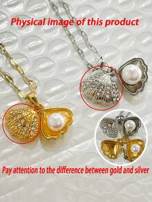 1件时尚简约仿珍珠贝壳不锈钢项链，镶嵌吊坠颈链，完美礼物 - 彩色 - 查看 3