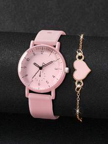 2pcs/Set Jam Tangan Silikon Wanita dengan Dial Angka Elegan, Jam Tangan Quartz + Gelang Berbentuk Hati (Kotak Jam Tangan Tidak Termasuk) - Berwarna merah muda - View 3