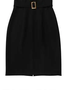 1pc Elegant Solid Color Waist Belt Design Woven Fabric Fitted Dress, Women's Graceful Dress, Summer Dress, Women's Fashionable Outfit, Spring/Summer Black - Black - View 9