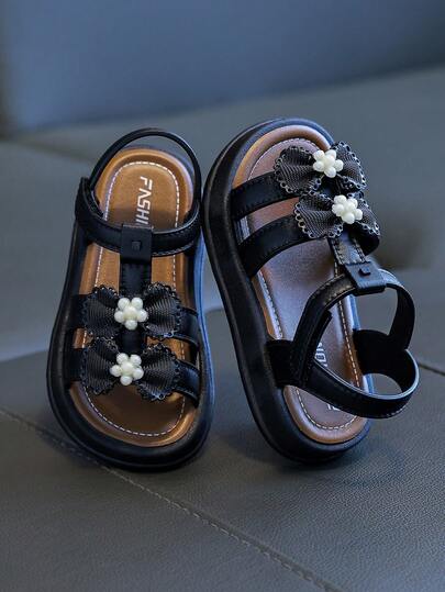 Kids Sandals New Summer Fashion Bow Decor Sandals, Minimalist Casual Hook And Loop Design Girls Beach Sandals