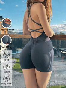Mono de tirantes finos de unicolor para mujer, transpirable y cómodo, adecuado para playa, vacaciones y ejercicio en verano - Azul grisáceo - Ver 9