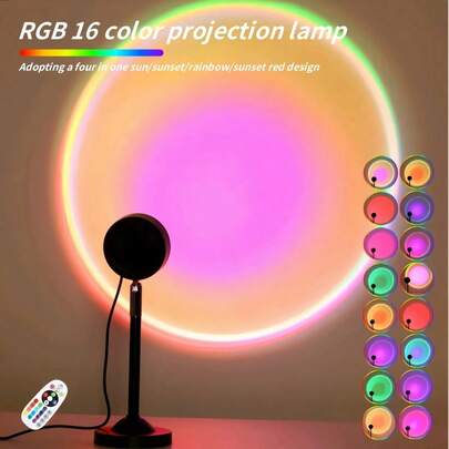 16 Colors RGB Sunset Lamp Projector With Remote Control, 180° Rotatable Sun Projection Lamp, USB Powered LED Night Light, Aesthetic Glow Lighting, Romantic Bedroom Decor, Photography Background Light, Party Atmosphere Lamp, Unique Birthday Gift For Women