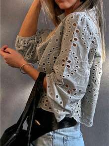 Solid Color Embroidered Ruffle Tie Front Button Down Cropped Summer Blouse Vacation - Grey - View 3