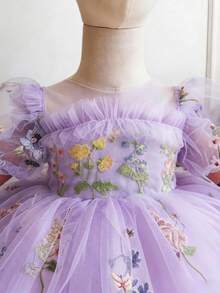 Vestido de princesa para niña con mangas de pétalos bordados, espalda hueca y malla, adecuado para fiestas de cumpleaños, niña de las flores, bodas, Pascua, bautizos, comuniones y celebraciones festivas - Púrpura malva - Ver 5