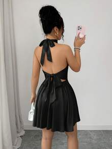 Vestido corto sin espalda de satén marrón para mujer de , elegante y sexy para uso diario en primavera y verano, fiestas, bodas, vacaciones y reuniones. - Negro - Ver 7