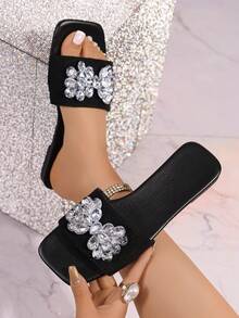 1 Pair Solid Color Basic Fabric Crystal Outdoor Party Festival Beach Holiday Sandals - Black - View 14