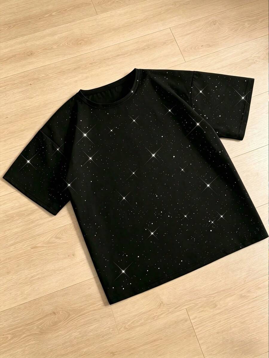 Camiseta de manga corta con estampado de cielo estrellado para hombre | Parte superior brillante de cuello redondo, adecuada para exteriores, deportes, calle, uso diario, ropa casual - Negro - Ver 1