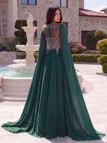 Faeriesty Đầm maxi chiffon màu xanh ngọc bích thanh lịch dành cho nữ, phần thân trên bằng vải lưới đính hạt và tay áo choàng bồng bềnh, thích hợp cho các buổi tối trang trọng và tiệc tốt nghiệp. - Màu xanh lá cây đậm - Xem 2
