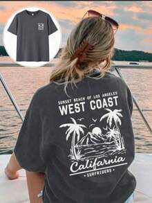 Summer Tops Mother's DayWomen's New Summer Casual Round Neck Short Sleeve T-Shirt, Simple Versatile Palm Tree Slogan Print, Suitable For Daily Wear. Graphic Tee, Women's T-Shirt Top Vacation.Loose And Comfortablesummer Clothes Easter - 深灰色 - 查看 1