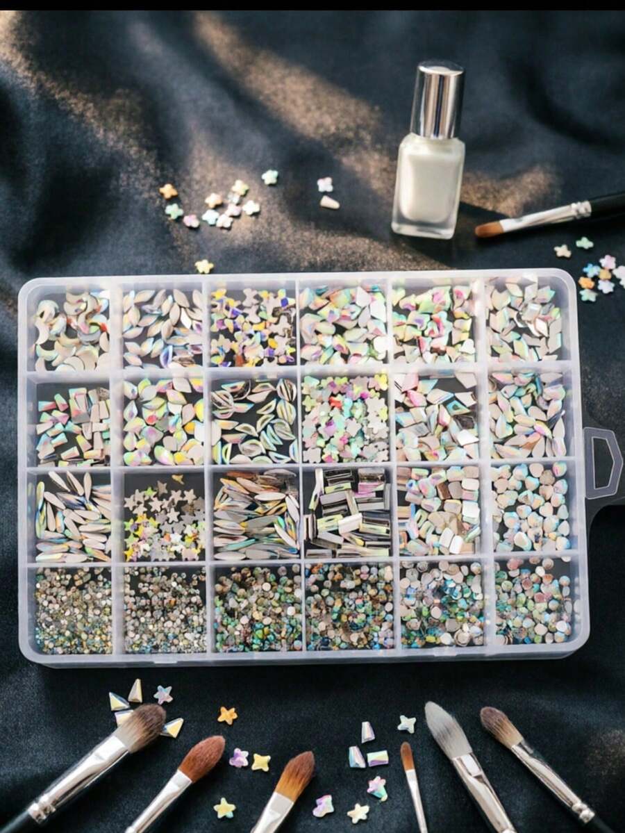 24-Slot Box Flat Bottom Nail Art Rhinestones, Durable Color, Long-Lasting Nail Jewelry DIY Accessories - Multicolor - View 1