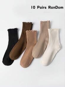 5/10 Pairs Women's Random Neutral Color Ribbed Cuff Minimalist Versatile Fashion Sports Breathable Comfortable Mid-Calf Socks - Multicolor - View 10