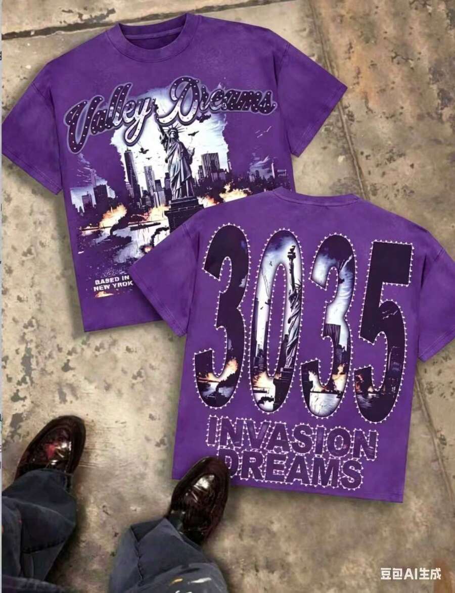 Valley Dreams Statue Of Liberty & City Explosion & "3035 INVASION DREAMS" Text 230g Combed Washed Cotton T-Shirt, Street Short-Sleeve Top, American - 紫色 - 查看 1