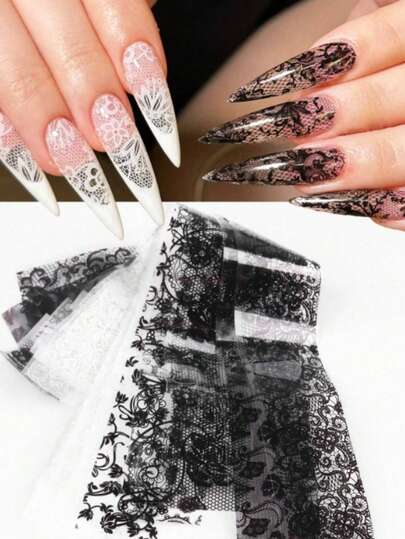 Black & White Lace Petal Sexy Retro Lace Nail Stickers, Starry Sky Paper Holographic DIY Transfer Foil Nail Stickers (Excluding Glue)