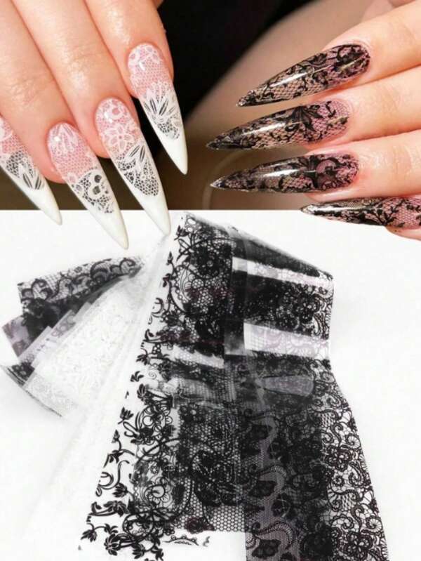 Black & White Lace Petal Sexy Retro Lace Nail Stickers, Starry Sky Paper Holographic DIY Transfer Foil Nail Stickers (Excluding Glue)