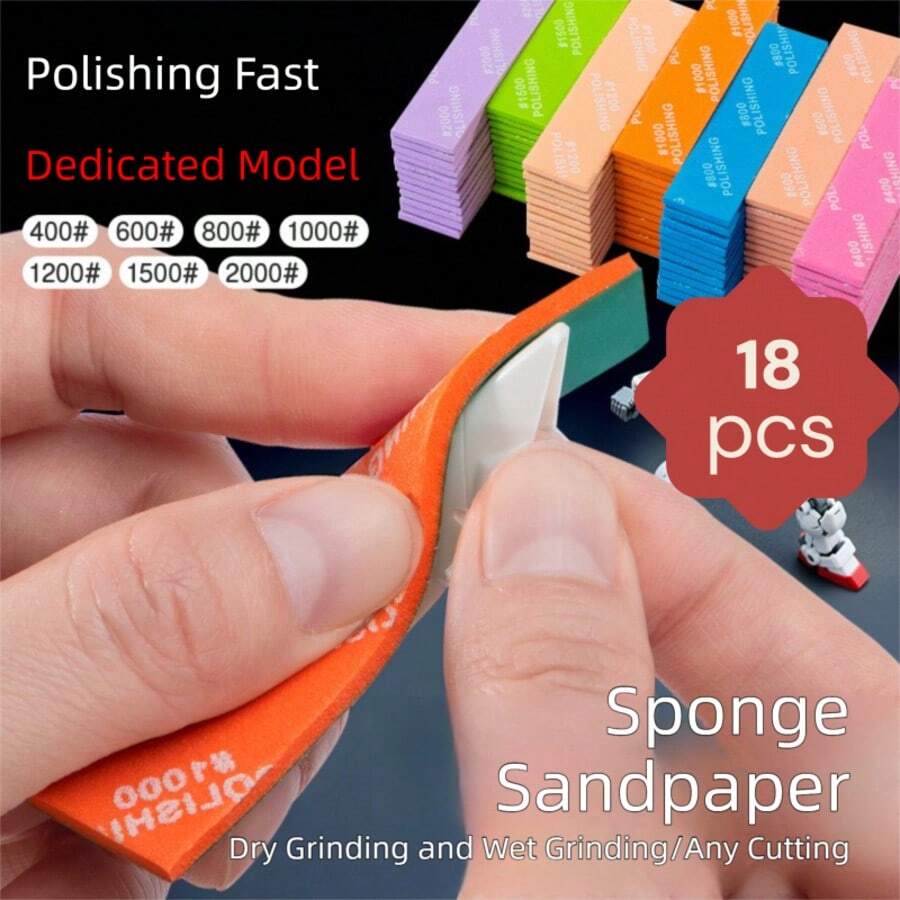 18pcs Sandpaper & Sponge Set, Model Making Tools, Wet & Dry Use, Curved Surface Grinding, Polishing Tools, Various Grit Silicon Carbide Papers, Professional Model Craft Grinding Tools, Includes #400, #600, #800 Grits, With Storage Box