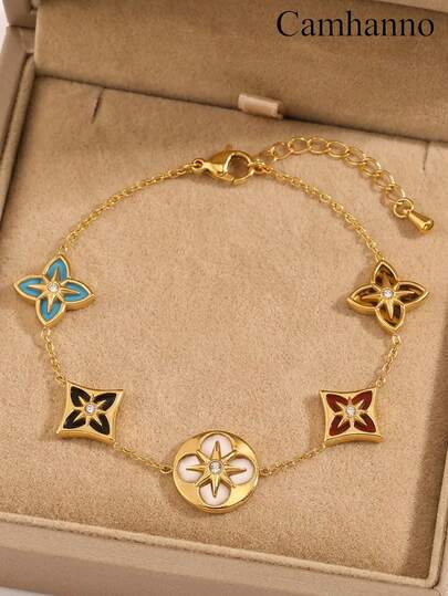 Camhanno 一款轻盈奢华的优雅不锈钢手链，采用色彩缤纷的花卉星形图案链条设计，并镶嵌精美装饰，适合日常通勤、浪漫约会、周末聚会和朋友聚会等场合佩戴，全天佩戴舒适，是送给女友、朋友和家人的完美礼物，易于搭配休闲和正式服装，采用优质材料，经久耐用。