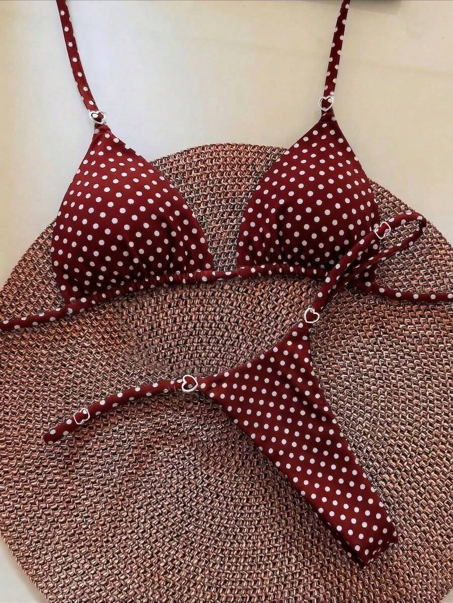 Women's Polka Dot Triangle Bikini Set With Heart-Shaped Ring Decor. Features Triangle Cup Design, Spaghetti Strap, Sweet Yet Stylish. Vacation Beach Summer - Multicolor - View 1