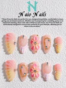 NAIO 10片/組 手工壓接式假指甲，3種尺寸：棺材形/杏仁形/短方形指尖，Y2K辣妹風，裸色/黃色/粉色法式邊緣，混色，花卉浮雕，貝殼波浪圖案，奶油質感，女款女孩，派對與日常穿搭，工具組，禮品美甲用品 - 彩色 - 查看 18