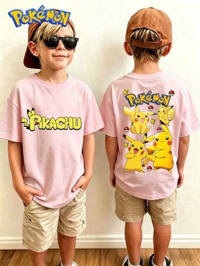 pokemon Comfortable Pure Cotton Short Sleeve Tee For Teenagers With Cute Double-Sided Pokémon Prints, Ideal For Year-Round Daily And Vacation Wear