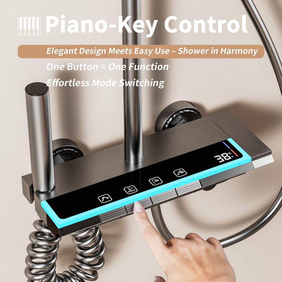 Hệ thống vòi sen với màn hình hiển thị nhiệt độ kỹ thuật số, bộ vòi sen gồm đầu sen mưa 12 inch và đầu sen cầm tay, bộ vòi sen gắn tường kiểu phím đàn piano (12 inch màu xanh lam đậm)
