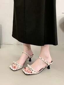 Women's Vintage Polka Dot Satin Mid-Heel Sandals, Square Toe Open Toe With Slim Kitten Heel, Adjustable Ankle Strap, Breathable And Fresh For Summer Wear, Stable And Comfortable Chunky Heel Design, Elegant And Versatile For Daily Outings, Office Commute, Parties And Vacations - Beige - View 4