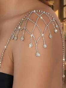 1 pieza Joya de hombro con colgante de malla de lujo con rhinestones, accesorio de cadena corporal de moda para mujeres - Plateado - Ver 1