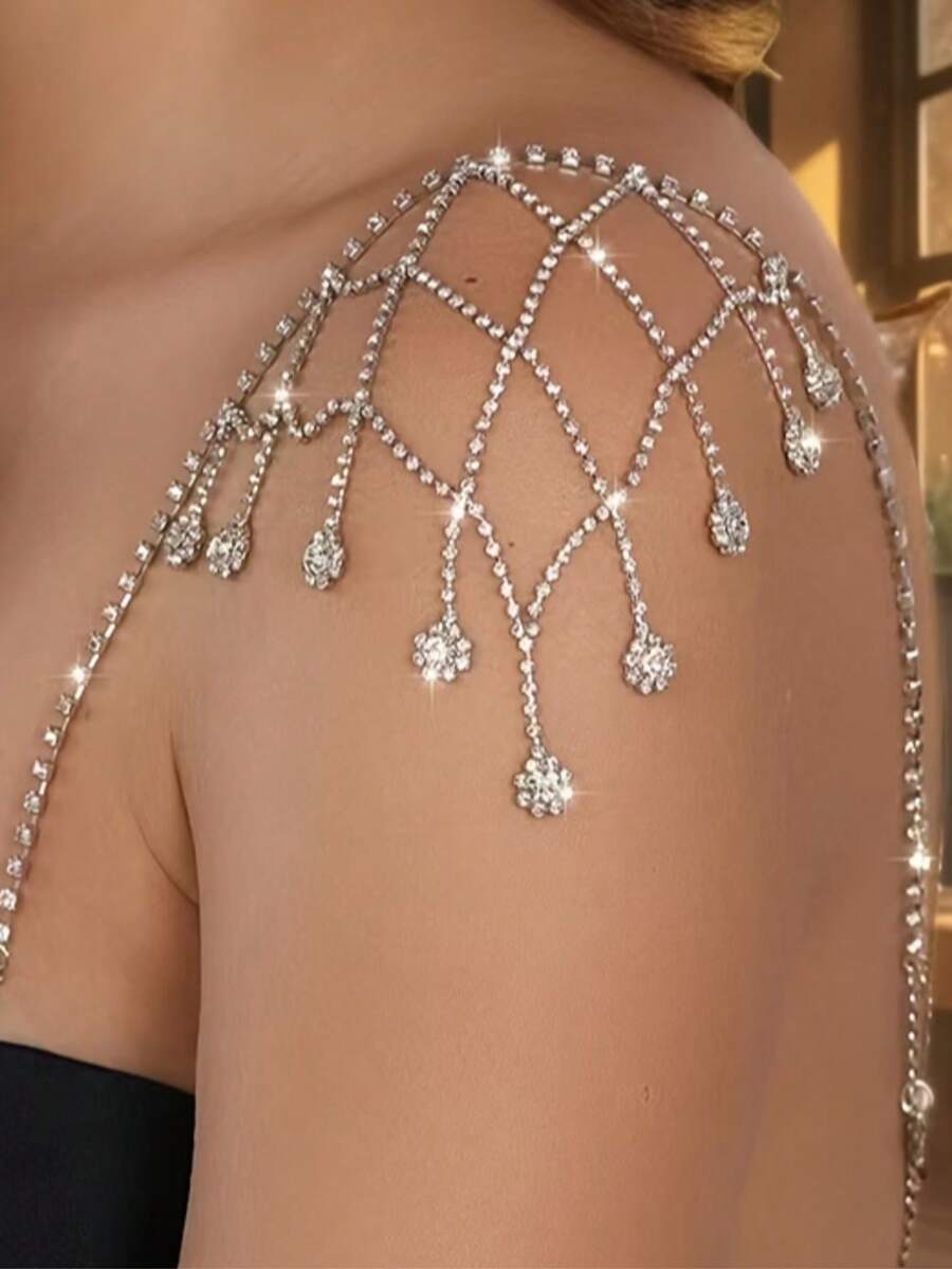 1 pieza Joya de hombro con colgante de malla de lujo con rhinestones, accesorio de cadena corporal de moda para mujeres - Plateado - Ver 1
