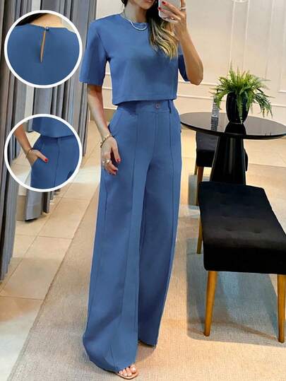 Women's Solid Color Casual Everyday Airport Outfit, 2 Pieces Set Summer