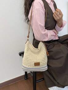 1pc Women's Long Strap Crossbody Bag, Lightweight & Practical, Minimalist Design, Beige Fabric, Polyester Lining, Suitable For Daily Use And Travel - Blue - View 4