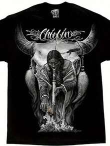 Men's David Gonzales Art-Shirt - Native Chief & Bull Horns Design, Mexican Cultural Iconography, Comfortable Cotton Crew Neck Tee, Southwest Style Casual Wear, Multiple Sizes (Chiefin' Graphic) Day Of Dead GiftsCasual Short-Sleeve-Shirts Men And WomenCasual‑Shirts Men And Women, Cute Style With Premium Quality And Great Texture. - 黑色 - 查看 7