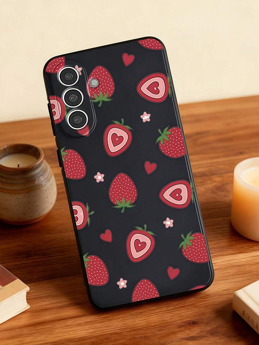 1pc Creative Cute Strawberry Heart Flower Straight Edge Liquid Soft Gel Phone Case Compatible With GalaxyS26 S25 S24Ultra S24Plus S24FE S23 S22 A55 A54 A53 A52 A50 A30 A42 A35 A34 A33 A25 A24 A20 A30 A15 A17, Smart 8/ Hot 40i/ Spark 20/ Spark 20C/ Spark Go 2024, G84/Honor X9b X9A X9D X7B X9C X6A 8X X7 X8 X8C X8B Y9S Y9A Y7P Y7P/1+ - Black - View 1