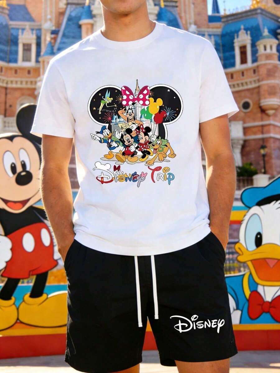Disney Mickey & Friends Officially Licensed Men 2 Piece Set Outfit, Disney Trip All Characters Print Crew Neck T-Shirt & Drawstring Shorts Casual Summer Streetwear Set For Theme Parks & Daily Wear - trắng - Xem 1